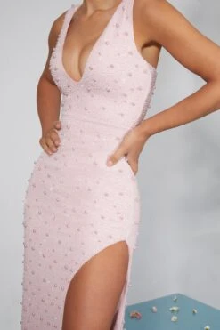 Embellished Plunge Neck High Split Maxi Dress In Blush -Glam Dress Store 6789 8 Porto Blush Embellished Mesh Plunge Neck Split Maxi Dress