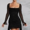Long Sleeve Embellished Cowl Neck Mini Dress In Black -Glam Dress Store 6790 1 Tivoli Black Embellished Cowl Neck Side Drape Flare Sleeve Mini