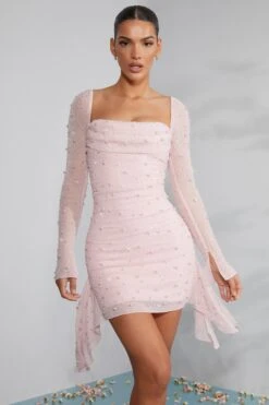 Long Sleeve Embellished Cowl Neck Mini Dress In Blush -Glam Dress Store 6790 1 Tivoli Blush Embellished Cowl Neck Side Drape Flare Sleeve Mini