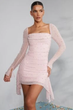 Long Sleeve Embellished Cowl Neck Mini Dress In Blush -Glam Dress Store 6790 2 Tivoli Blush Embellished Cowl Neck Side Drape Flare Sleeve Mini