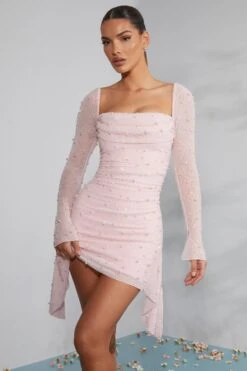 Long Sleeve Embellished Cowl Neck Mini Dress In Blush -Glam Dress Store 6790 4 Tivoli Blush Embellished Cowl Neck Side Drape Flare Sleeve Mini