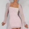 Long Sleeve Embellished Cowl Neck Mini Dress In Blush -Glam Dress Store 6790 6 Tivoli Blush Embellished Cowl Neck Side Drape Flare Sleeve Mini