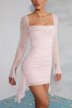 Long Sleeve Embellished Cowl Neck Mini Dress In Blush -Glam Dress Store 6790 7 Tivoli Blush Embellished Cowl Neck Side Drape Flare Sleeve Mini