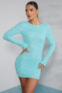 Long Sleeve Embellished Backless Mini Dress In Aqua -Glam Dress Store 6791 1 Hague Aqua Long Sleeve Mini Dress