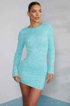 Long Sleeve Embellished Backless Mini Dress In Aqua -Glam Dress Store 6791 2 Hague Aqua Long Sleeve Mini Dress