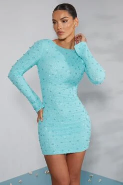 Long Sleeve Embellished Backless Mini Dress In Aqua -Glam Dress Store 6791 4 Hague Aqua Long Sleeve Mini Dress