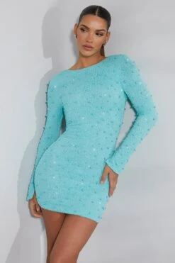 Long Sleeve Embellished Backless Mini Dress In Aqua -Glam Dress Store 6791 5 Hague Aqua Long Sleeve Mini Dress