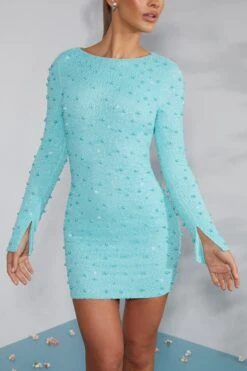 Long Sleeve Embellished Backless Mini Dress In Aqua -Glam Dress Store 6791 6 Hague Aqua Long Sleeve Mini Dress