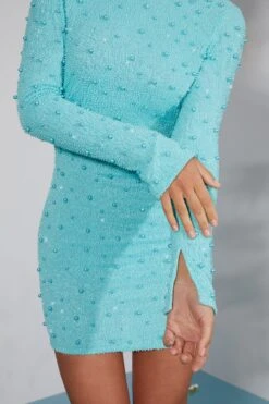 Long Sleeve Embellished Backless Mini Dress In Aqua -Glam Dress Store 6791 7 Hague Aqua Long Sleeve Mini Dress