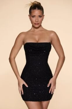 Embellished Strapless Cowl Neck Mini Dress In Black