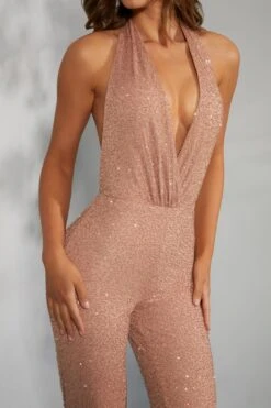 Embellished Plunge Neck Jumpsuit In Beige -Glam Dress Store 6797 8 Amalfi Beige Plunge Jumpsuit