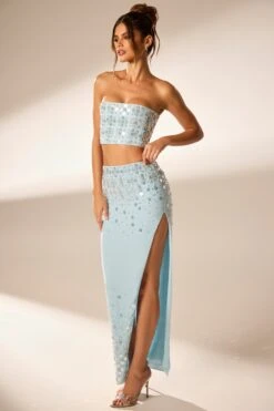 Hand Embellished Maxi Skirt In Blue -Glam Dress Store 6798 6799 3 Blue Strapless Cropped Embellished Top Embellished Maxi Split Skirt