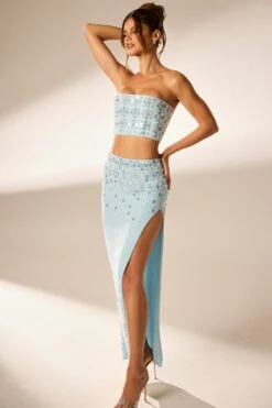 Hand Embellished Maxi Skirt In Blue -Glam Dress Store 6798 6799 4 Blue Strapless Cropped Embellished Top Embellished Maxi Split Skirt
