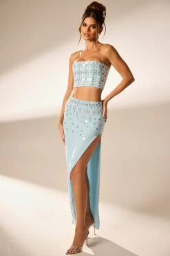 Hand Embellished Maxi Skirt In Blue -Glam Dress Store 6798 6799 5 Blue Strapless Cropped Embellished Top Embellished Maxi Split Skirt