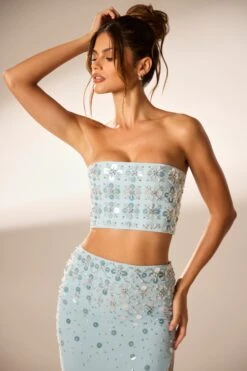 Hand Embellished Bandeau Corset Crop Top In Blue