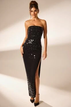 Hand Embellished Bandeau Maxi Dress In Black -Glam Dress Store 6900 1 Alcyone Black Corsetted Embellished Maxi With Split