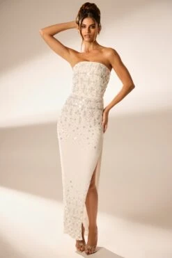 Hand Embellished Bandeau Maxi Dress In Ivory 15 Hand Embellished Bandeau Maxi Dress In Ivory -Glam Dress Store 6900 2 Alcyone Ivory Corsetted Maxi With Split Scayyered Embelishement