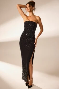 Hand Embellished Bandeau Maxi Dress In Black