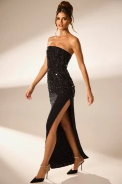 Hand Embellished Bandeau Maxi Dress In Black -Glam Dress Store 6900 4 Alcyone Black Corsetted Embellished Maxi With Split