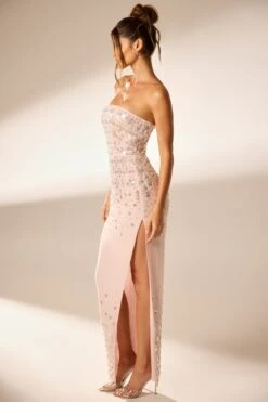 Hand Embellished Bandeau Maxi Dress In Blush -Glam Dress Store 6900 4 Alcyone Blush Corsetted Maxi With Split Scayyered Embelishement