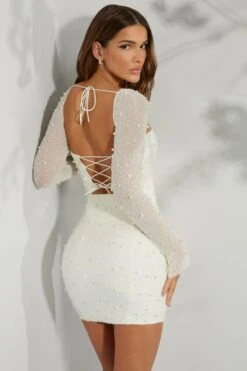 Long Sleeve Embellished Corset Mini Dress In Ivory