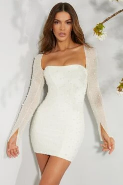 Long Sleeve Embellished Corset Mini Dress In Ivory 21 Long Sleeve Embellished Corset Mini Dress In Ivory -Glam Dress Store 6902 5 Ivory Long Sleeved Embellished Lace Up Back Mini Dress