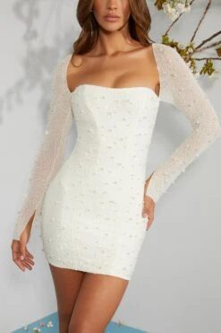 Long Sleeve Embellished Corset Mini Dress In Ivory 15 Long Sleeve Embellished Corset Mini Dress In Ivory -Glam Dress Store 6902 6 Ivory Long Sleeved Embellished Lace Up Back Mini Dress
