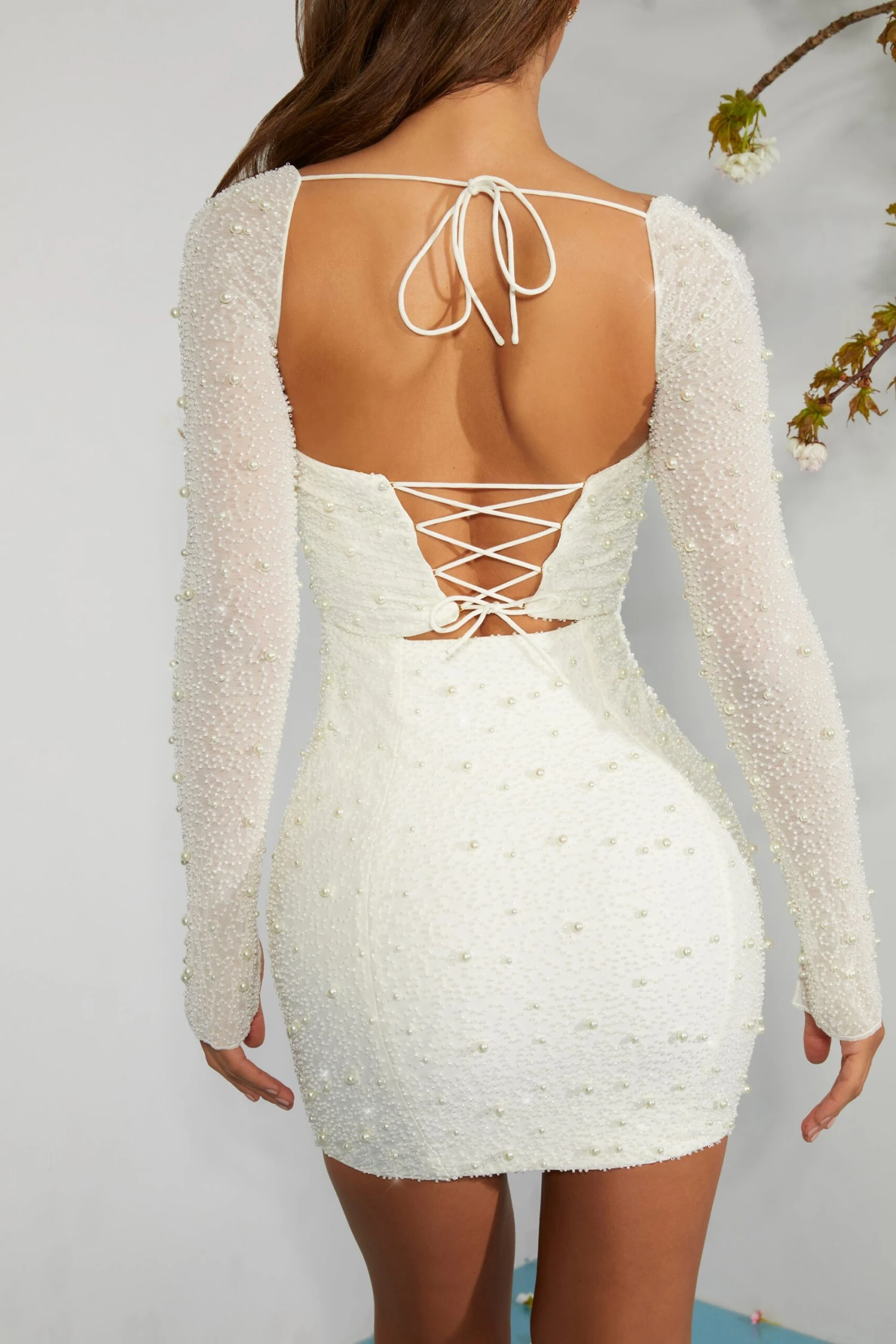 Long Sleeve Embellished Corset Mini Dress In Ivory 8 Long Sleeve Embellished Corset Mini Dress In Ivory - Image 6