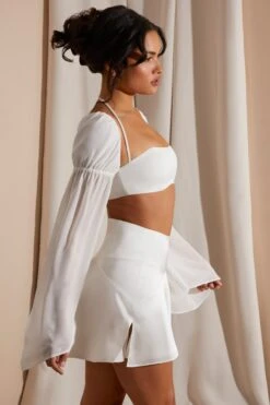Long Puff Sleeve Bralette In White -Glam Dress Store 6907 6786 8 White Puff Sleeve Bralette Panelled Flare Miniskirt