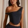 Draped Corset Crop Top In Black -Glam Dress Store 6912 6920 8 Black Draped Corset Top Midrise Ruffle Gown Skirt