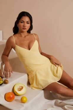 Asymmetric Multi Strap Ruffle Detail Mini Dress In Yellow -Glam Dress Store 6913 10 Yellow Asymmetrical Frill Mini Dress