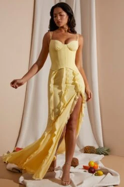 Corset Frill Skirt Maxi Dress In Yellow -Glam Dress Store 6917 7 Yellow Corset gown Ruffle Dress