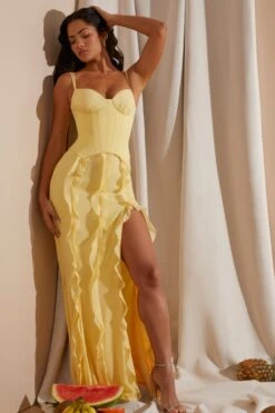 Corset Frill Skirt Maxi Dress In Yellow -Glam Dress Store 6917 8 Yellow Corset gown Ruffle Dress