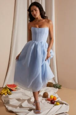 Strapless Corset Tulle Midi Dress In Blue -Glam Dress Store 6921 2 Blue Strapless Box Pleat Midi Dress