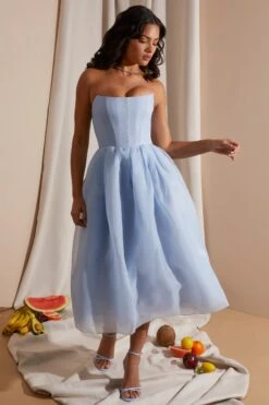 Strapless Corset Tulle Midi Dress In Blue -Glam Dress Store 6921 3 Blue Strapless Box Pleat Midi Dress