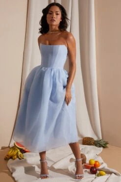 Strapless Corset Tulle Midi Dress In Blue -Glam Dress Store 6921 4 Blue Strapless Box Pleat Midi Dress