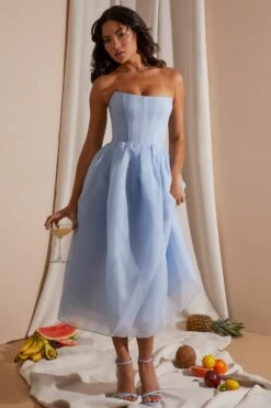 Strapless Corset Tulle Midi Dress In Blue