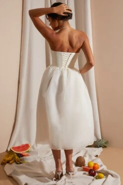 New Products -Glam Dress Store 6921 9 White Strapless Box Pleat Midi