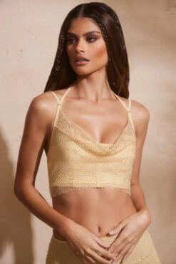 Embellished Cowl Neck Corset In Gold -Glam Dress Store 6926 6927 17 Gold Cowl Neck Top With Corset Base And Frill Mini Skirt With Strap And Frill