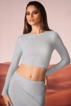 Embellished Long Sleeve Top In Aqua -Glam Dress Store 6928 6929 11 Dixon Roxi Aqua Long Sleeve Top Low Rise Maxi Skirt