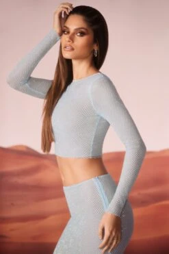 Embellished Long Sleeve Top In Aqua -Glam Dress Store 6928 6929 15 Dixon Roxi Aqua Long Sleeve Top Low Rise Maxi Skirt