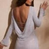 Embellished Long Sleeve Cowl Back Mini Dress In Silver -Glam Dress Store 6933 7 Silver Cowl Back Dress