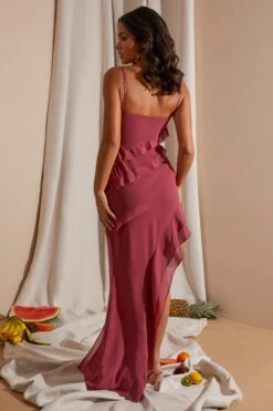 Asymmetric Multi Strap Ruffle Detail Maxi Dress In Dark Mauve -Glam Dress Store 6945 10 Mauve Ruffle Gown Maxi Dress