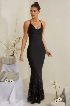 Cowl Neck Embellished Satin Maxi Dress In Black -Glam Dress Store 6949 1 Magnolia Black Sequin Embellished Cowl Gown