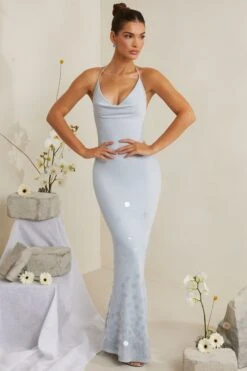 Cowl Neck Embellished Satin Maxi Dress In Blue -Glam Dress Store 6949 1 Magnolia Blue Embellished Cowl Gown