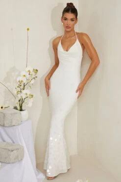 Cowl Neck Embellished Satin Maxi Dress In White -Glam Dress Store 6949 3 Magnolia White Embelished Cowl Gown Sequin