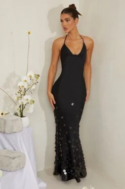 Cowl Neck Embellished Satin Maxi Dress In Black -Glam Dress Store 6949 4 Magnolia Black Sequin Embellished Cowl Gown