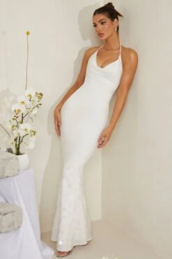 Cowl Neck Embellished Satin Maxi Dress In White -Glam Dress Store 6949 4 Magnolia White Embelished Cowl Gown Sequin