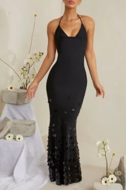 Cowl Neck Embellished Satin Maxi Dress In Black -Glam Dress Store 6949 6 Magnolia Black Sequin Embellished Cowl Gown
