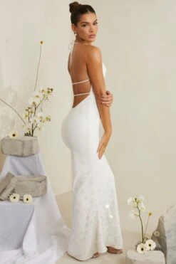 Cowl Neck Embellished Satin Maxi Dress In White -Glam Dress Store 6949 8 Magnolia White Embelished Cowl Gown Sequin